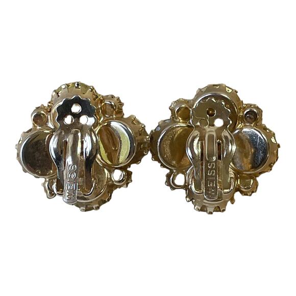 1950s Weiss Aurora Yellow Borealis Rhinestones Circular Cluster Clip Earrings - Picture 2 of 3